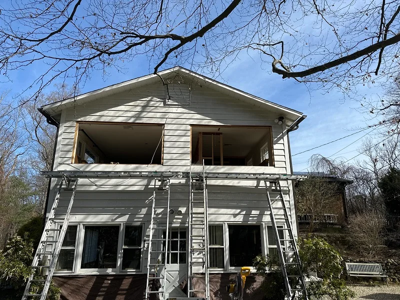 Scaffolding set up during this Norwalk, CT window installation